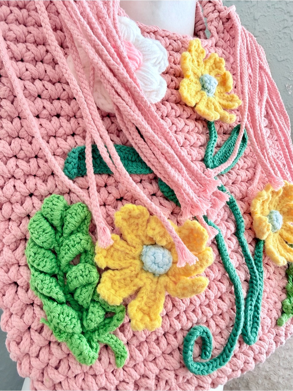 Pink POL Floral Crochet Tote Bag - Boho Handmade Style - Picture 3 of 6